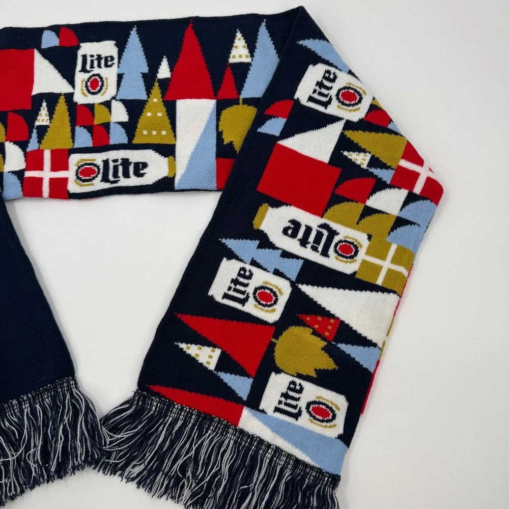 Miller‎ Lite Tis Miller Time Knit Holiday Scarf Navy Blue Beer Can Fringe A1387